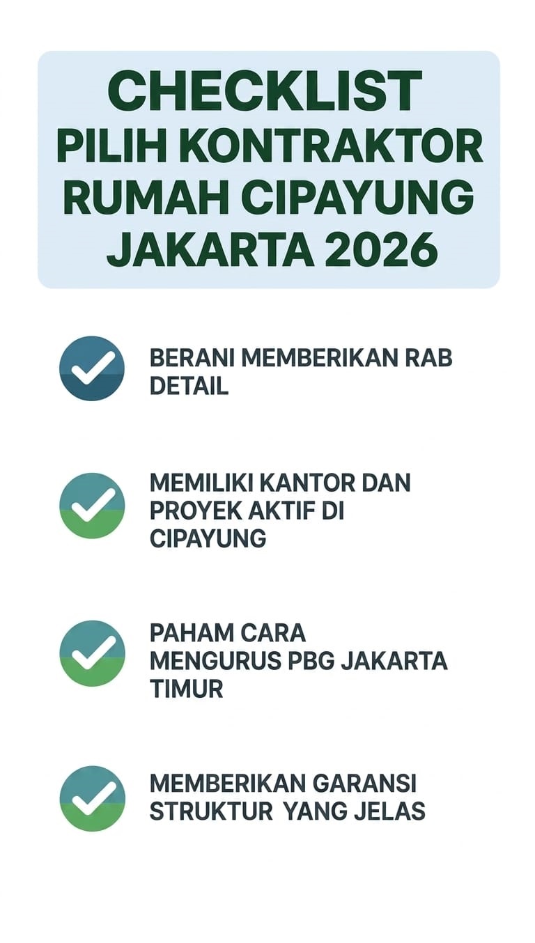 checklist pilih kontraktor rumah cipayung jakarta timur 2026 rab pbg garansi